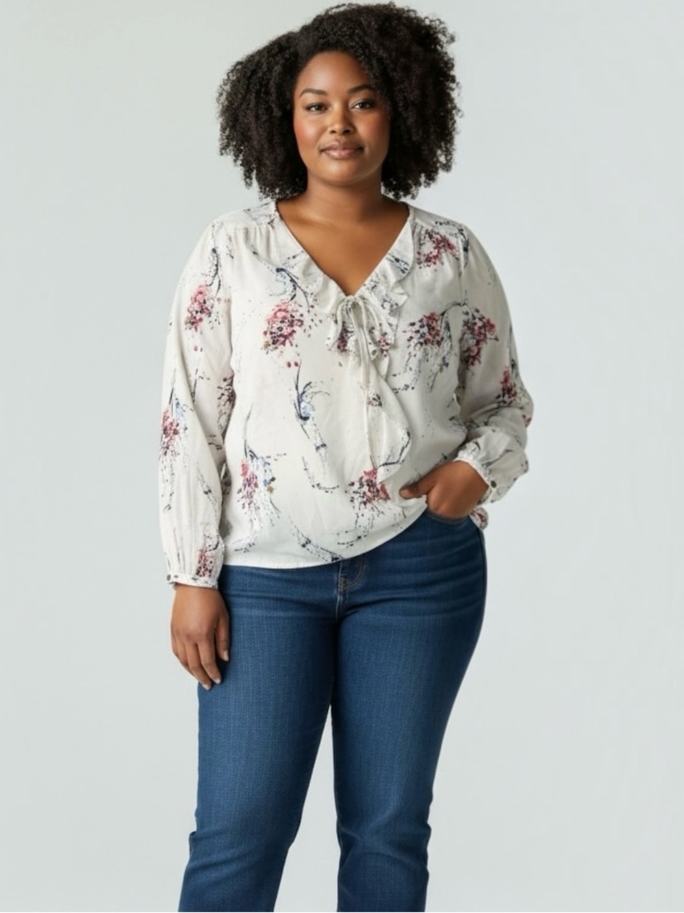 White House Black Market Tansey Tie-Neck Floral Ruffle Surplice Wrap Blouse Sz 2